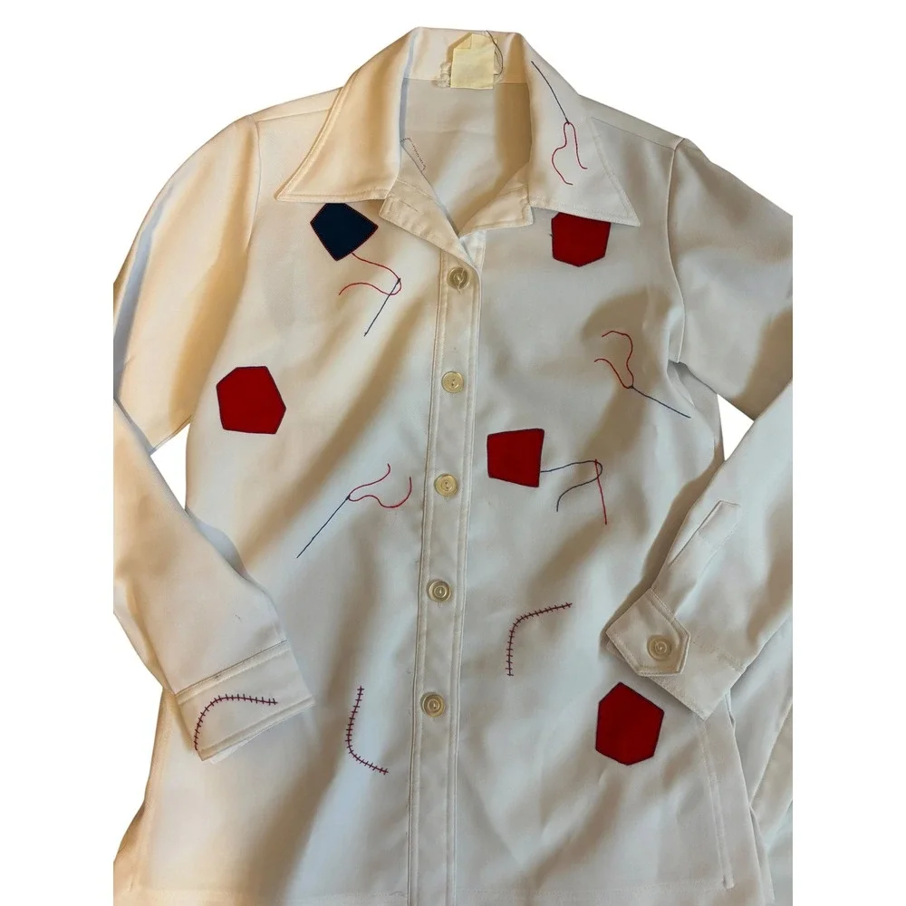 Vintage Sir James 70s White Polyester Kite Embroidery Pant Suit Set Womens 10